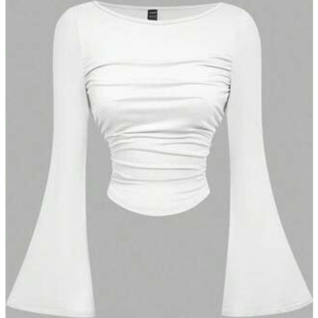 SHEIN Casual Solid Color Boat Neck Bell Sleeve Ruched Waist Versatile T-Shirt,Fitted T Shirt,Tops With Sleeves,Long Sleeves Woman, White Bell Sleeve Top, Ru