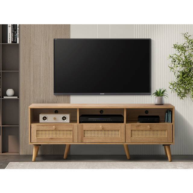 Anagh Rattan 3 Drawer Wide Tv Stand Bench Unit - Oak Wood (58&#34;)