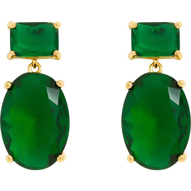 14K Gold Plated Crystal and Emerald Drop Earrings - One Size