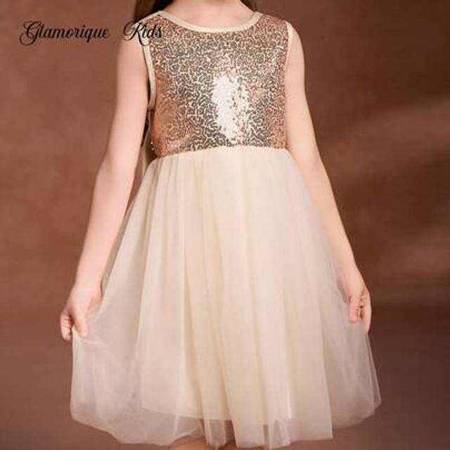 SHEIN Young Girl&#39; Elegant Champagne Color Sequin Big Bow Tulle Party Dress