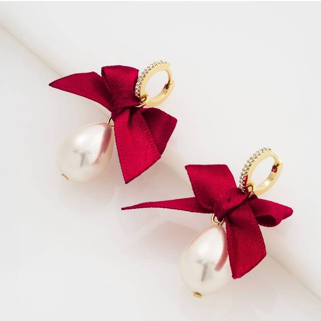 Ted Baker Riyya Ribbon Bow Pearl Drop Huggie Earrings, Gold/Ruby