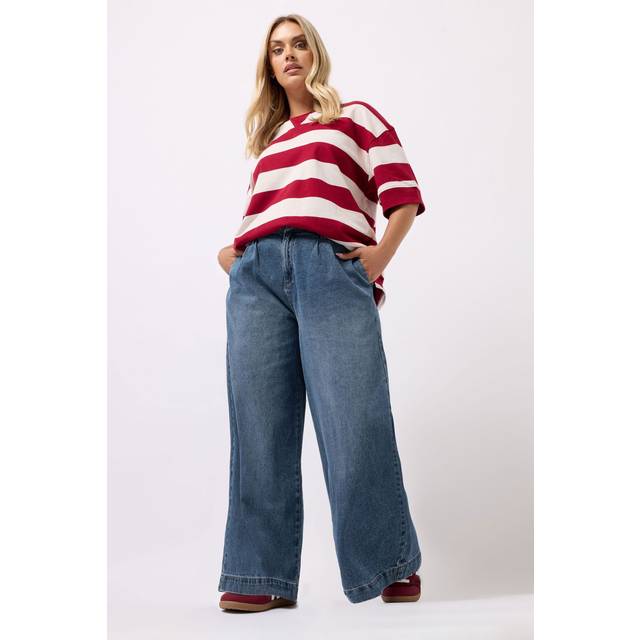 Yours Plus Size Mid Blue Pleated Wide Leg Jeans Size 14