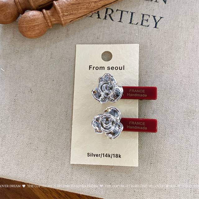 (2 silver flower wine red rectangular duckbill clips) 2-pack new silver heart flower hairpins sweet and fashionable duckbill clips bangs clips childre