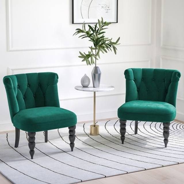 Homcom Velvet Accent Chair Set Of 2, Button Tufted Wingback Chair With Rubber Wood Legs For Living Room, Bedroom, Dark Green