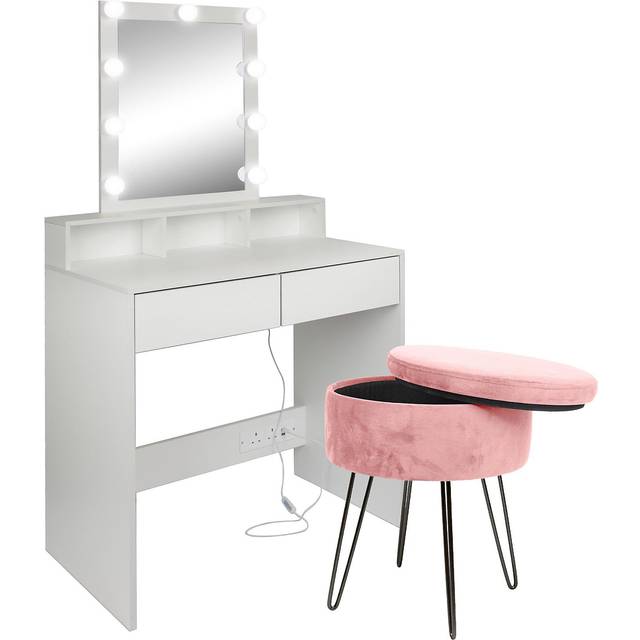 2pc Wooden Dressing Table Set With Led Lights & Stool White Vanity Desk