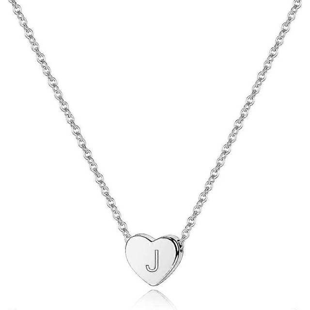 (As show, One size) HTOOO Valentines Gifts for Her - White Gold 14K Gold Plated Silver Heart Initial Necklace for Women Girls Kids, Dainty Letter Tiny