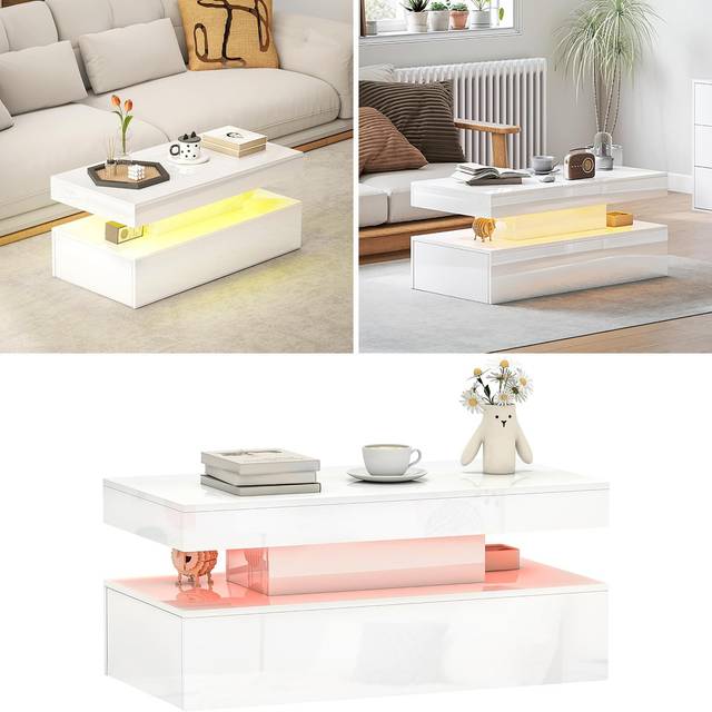 HOMCOM LED Coffee Table with Storage, High Gloss Living Room Table, White - white