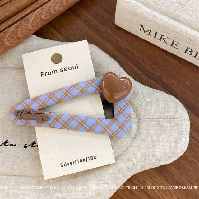 (1 large triangle BB clip with brown heart letters and blue plaid) New Love Puppy Check Hairpin Sweet and Cute Bangs Clip Student Hairpin Children's H