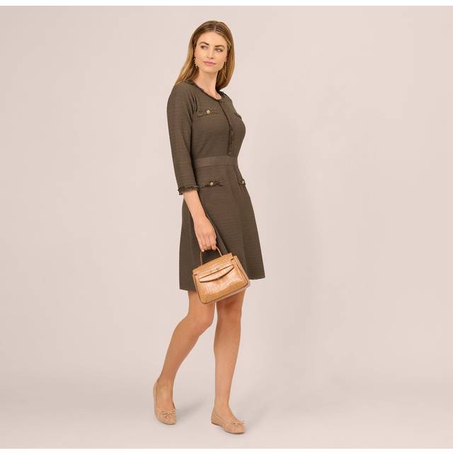 Three Quarter Sleeve Waffle Knit Short Dress In Fatigue - L