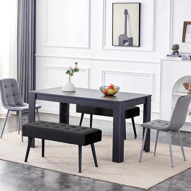 Dining Wood Table and 4 Chairs With 2 Benches Table 2 Grey Velvet Chairs, Dining Set Furniture
