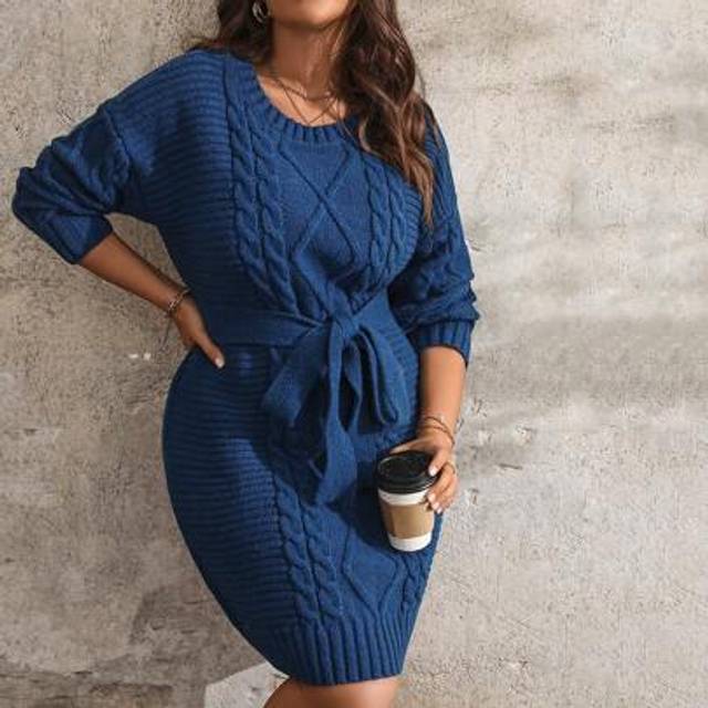 SHEIN Plus Size Women&#39;s Solid Color Round Neck Drop Shoulder Long Sleeve Casual Sweater Dress, Autumn/Winter Fall Cloth For Women