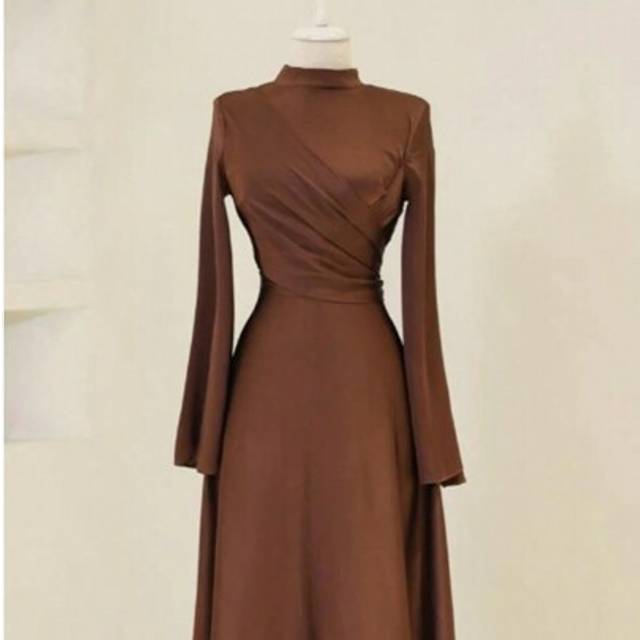SHEIN Women&#39;s Stand Collar Plain Color Flared Sleeve Cinched Waist Dress, Suitable For Ramadan And Everyday Wear,Modest