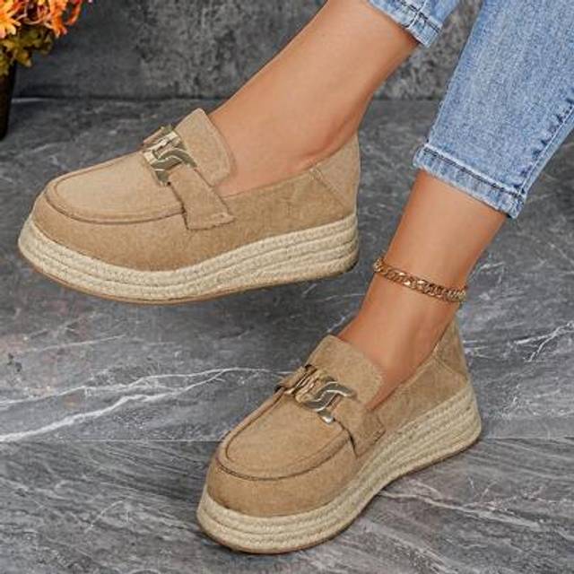 SHEIN Spring & Autumn New Women&#39;s Thick Sole Slip-On Flats, Lightweight Hemp Rope Woven Non-Slip Outsole, Metal Buckle Decor Simple Upper, Casual Style Dail