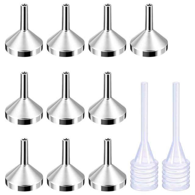 10 Pack Small Metal Funnels with 2 Mini Pipette for Filling Bottles or Containers, Perfume, Silver&Gold