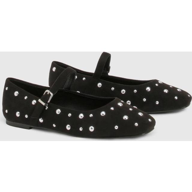 Womens Wide Fit Studded Square Toe Ballet Flats - Black - 3, Black