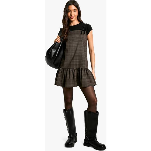 Womens Check Bow Pinafore Mini Dress - Brown - 16, Brown