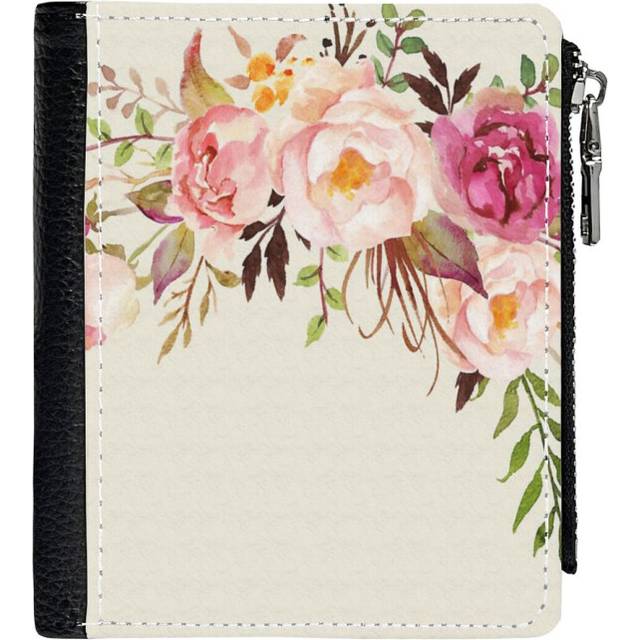 (Romantic Watercolor Flower Bouquet_74) Men's Women PU Leather Wallets Compact Bifold with Zipper & Multiple Card Coins Slots Black Stylish Durable Gr