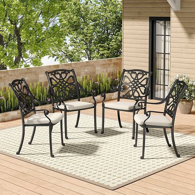 4Pcs Aluminum Outdoor Patio Dining Armchair with Cushion - Black (Large)