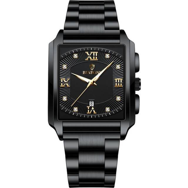 (black) New Rectangular Men's Stainless Steel Strap Simple Fashion Sports Diamond Calendar Quartz Watch Gold Waterproof Wristwatch