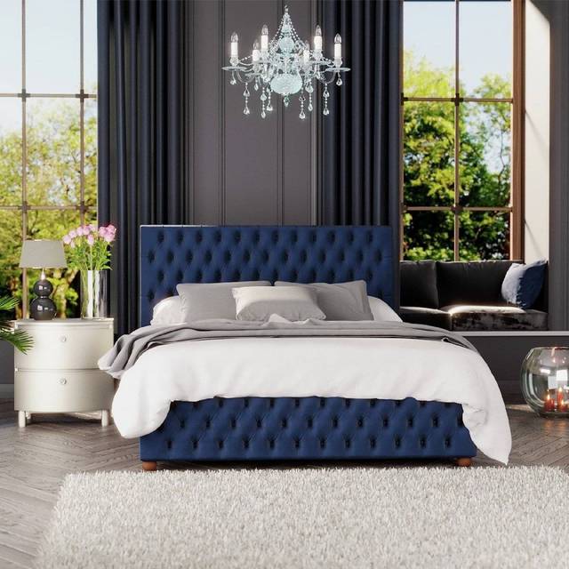 Laurence Llewelyn-Bowen Seren Super King Size Navy Plush Velvet Ottoman Bed - Blue