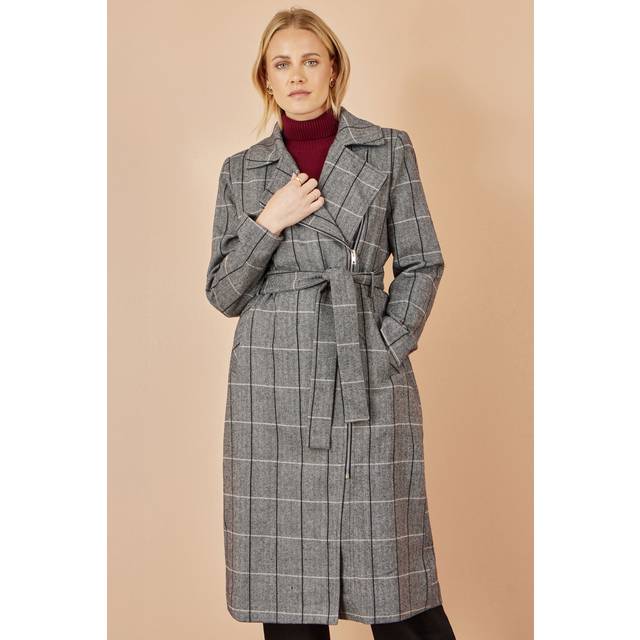 Yumi Women's Grey Check Oversize Long Biker Coat | Size: 10