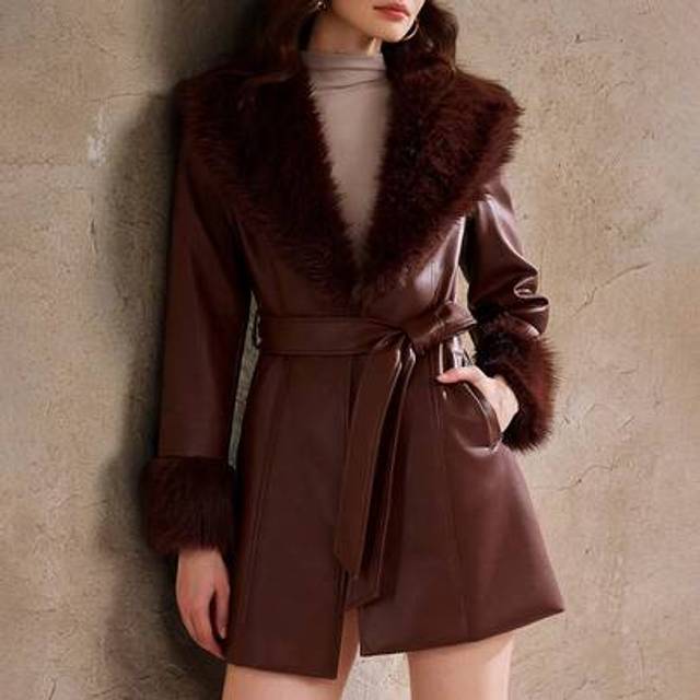 SHEIN Aliao Cinching Waist Faux Fur Lapel Spliced Leather Warm Coat, Winter Coat, Winter Clothes Women, Elegant Dress, Wedding Season, Essential, Black Dres