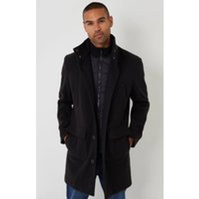 Threadbare Men Faux Wool Mock Layer Longline Utility Coat in Black | Size: Medium
