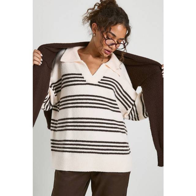 Womens Soft Knit Stripe Polo Collar Jumper - Cream - M, Cream
