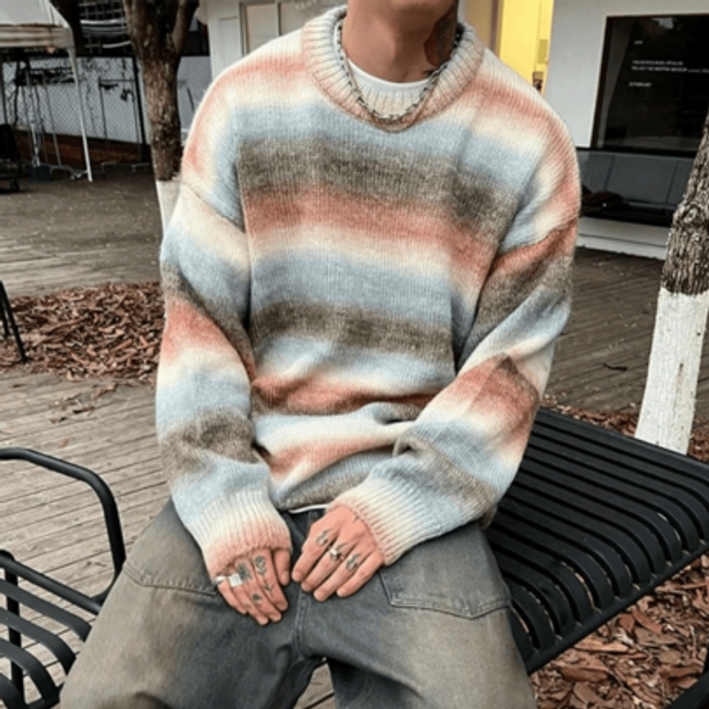 SHEIN BAI YUE Fall/Winter Chunky-Knit Crewneck Sweater Gradient Rainbow Stripes Soft, Fluffy Wool-Like Texture Warm & Loose-Fit Knit Pullover For Men