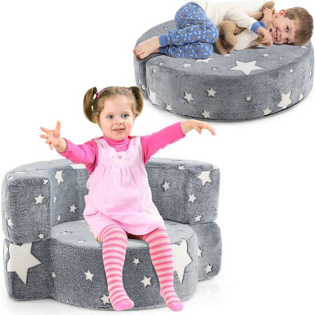 Kids Plush Couch Toddlers 2 in 1 Glow in the Dark Sofa Play Mat-Grey