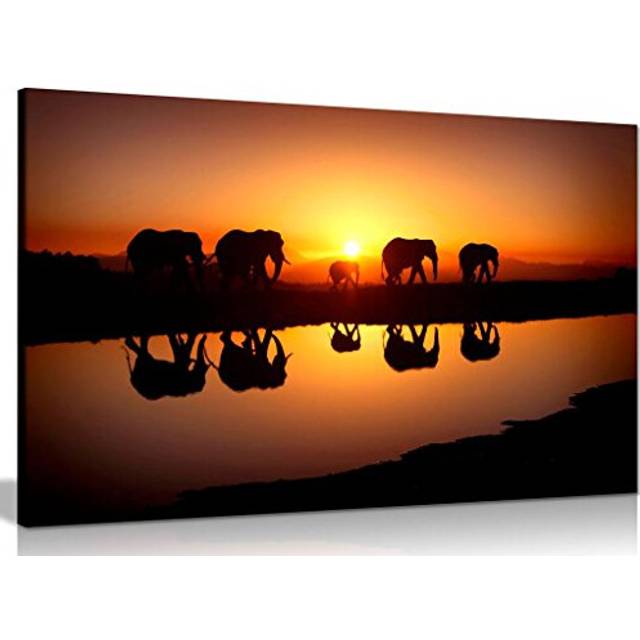 African Sunset Elephants Nature Wildlife Canvas Wall Art Picture Print (31cm H x 46cm W)