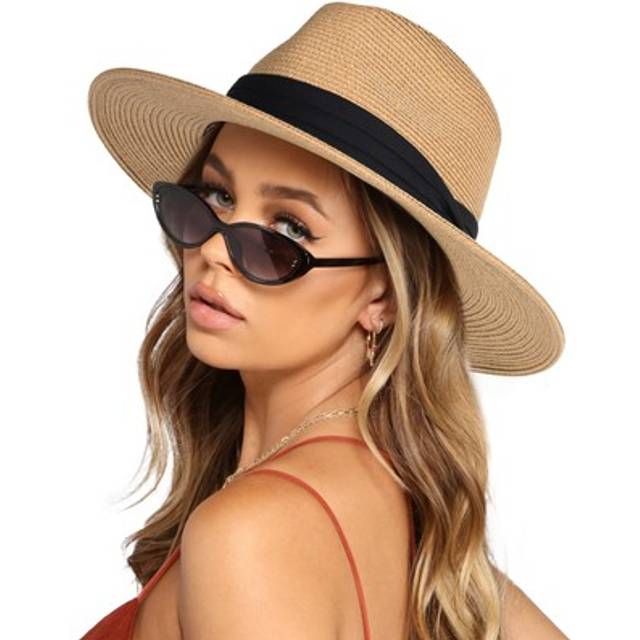 Womens Wide Brim Straw Panama Hat Fedora Summer Beach Sun Hat UPF50 Straw Hat for Women