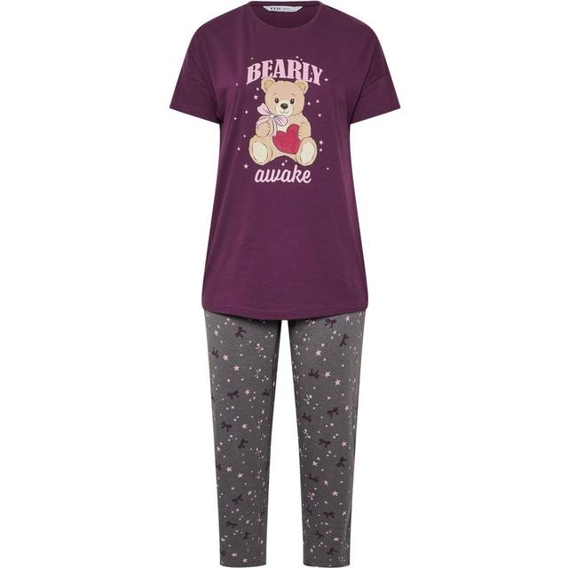 Yours Plus Size Burgundy Red 'Bearly Awake' Pyjama Set Size 14-16