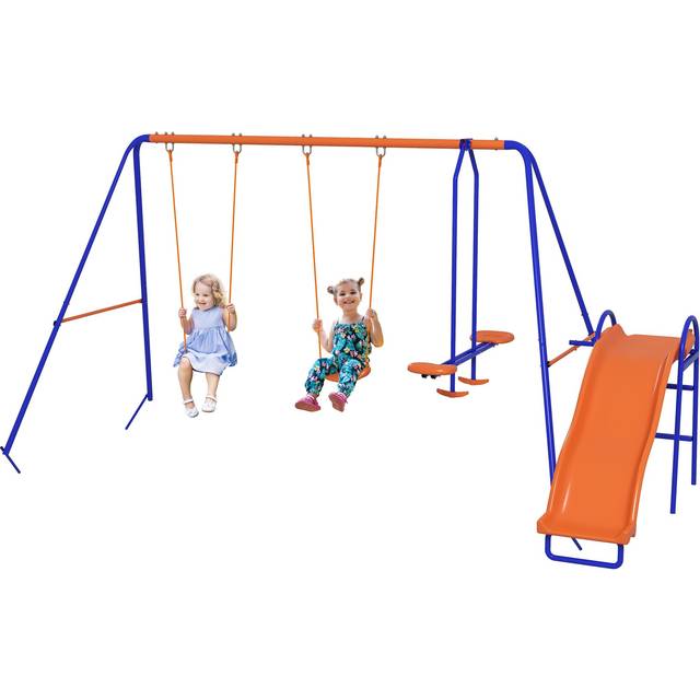 Outsunny 4 In 1 Metal Garden Swing Set With Double Swings Glider Slide Ladder Orange