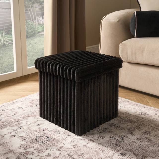 OHS Storage Box Lid Ottoman Folding Ribbed Fleece Footstool Tub in Black - One Size