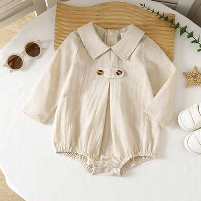 SHEIN Baby Boy Fashion Cute Solid Color Casual Lapel Long Sleeve Bodysuit, Casual Holiday Style Baby Boy Clothing, Woven Soft And Comfortable Buttoned Half-