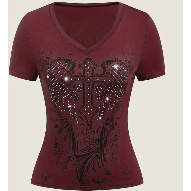 TEMU Women's Sweetheart Neckline Short Sleeve T-shirt With Rhinestone Motif, Polyester 93% Spandex 7% Knit Fabric, 210g/m², Spring/summer/fall Fashion Top