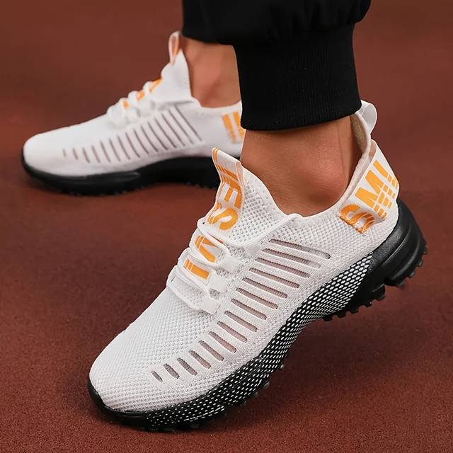 TEMU Men's Trendy Black Woven Knit Sneakers - Breathable, Non-slip Lace-up Shoes With Stylish Stripes & Logo, Outdoor Activities & Casual Wear, Casual Footwear | Trendy Sneaker | Comfortable Footwear