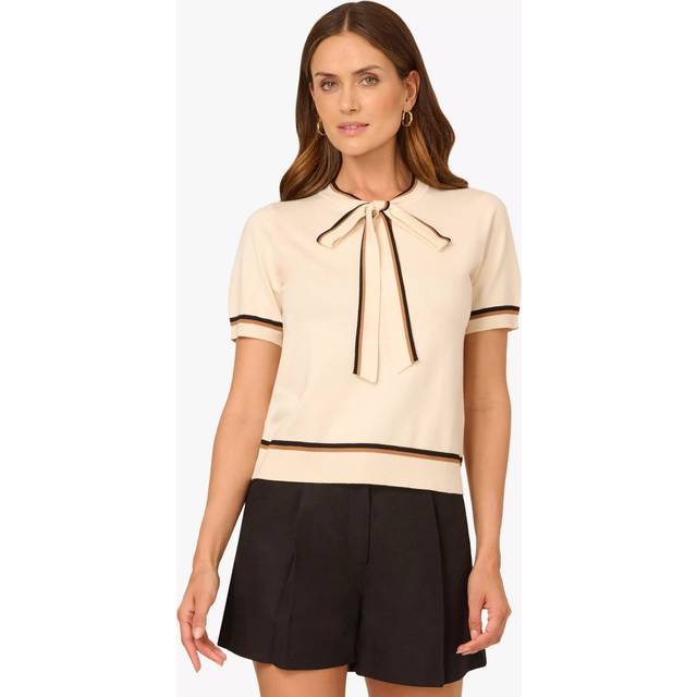 Adrianna Papell Stripe Short Sleeve Tie Neck Sweater Top, Cream/Multi