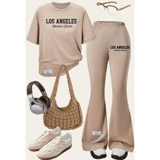 SHEIN 2pcs/Set Teen Girl Casual Comfortable Minimalist Letter Print Short Sleeve Top And Flared Pants Los Angeles Outfit