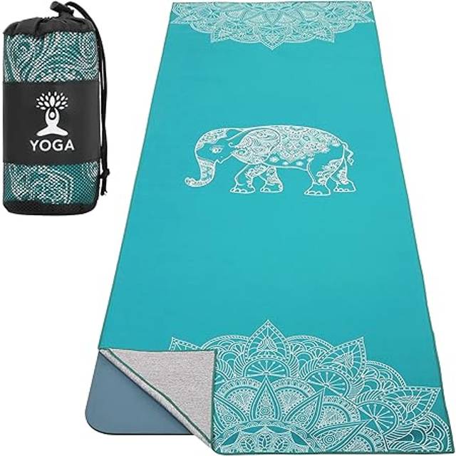 MoKo Towel for Yoga, Non Slip Hot Yoga Mat Yoga Blanket Printing Pattern Fast-Drying with Corner Pocket for Bikram, Pilates, Gym Workout, Outdoor Picnic, Lake Blue & Elephant