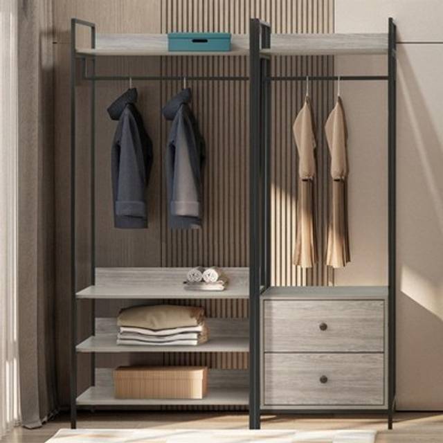 Alva Grey Oak Open Wardrobes With 2 Drawers & 4 Shelves Set Bedroom Storage Furniture - One Size