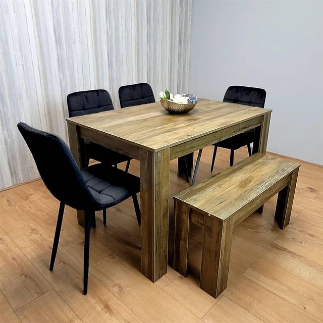 Kosy Koala 6 Seater MDF and Velvet Rectangle Dining Table Set with Bench Black - Brown