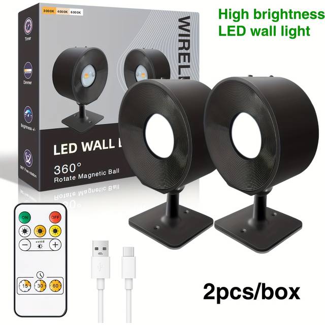 TEMU Led Wall Lamp, Wall Lamp 1/2pcs, With 2000mah Rechargeable Battery, 3 Color Temperatures And Dimmable Magnetic 360° Rotation, With Remote Control, Cordless Wall Lamp, Suitable For Reading Bedside