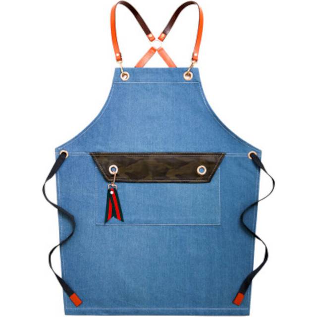 (Light Blue) Denim Work Apron Washable Dust-proof Apron Pocket With Flap For Craftsman Carpenter Mason