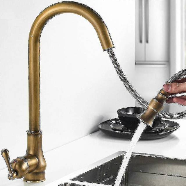 (As show, One size) Antique Bronze Antique Brass Kitchen Faucet, Copper Single Hole Widespread Mixer Taps With Pull Out Sprayer- The Best One