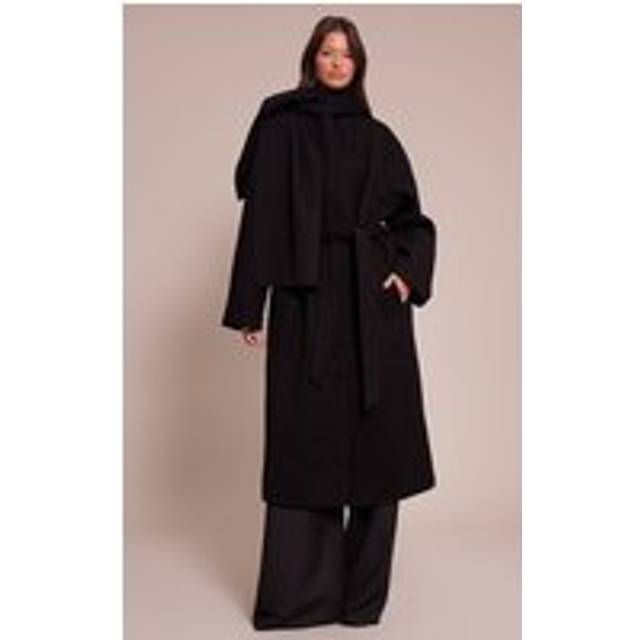 Black High Neck Scarf Wool Look Maxi Coat - XS