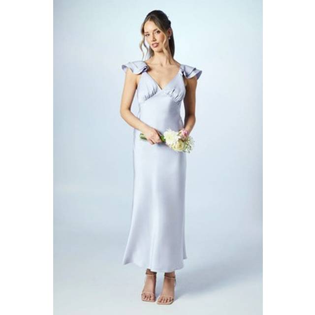 Oasis Petite Ruffle Neckline Satin Maxi Bridesmaid Dress In Lavender - lavender - 10