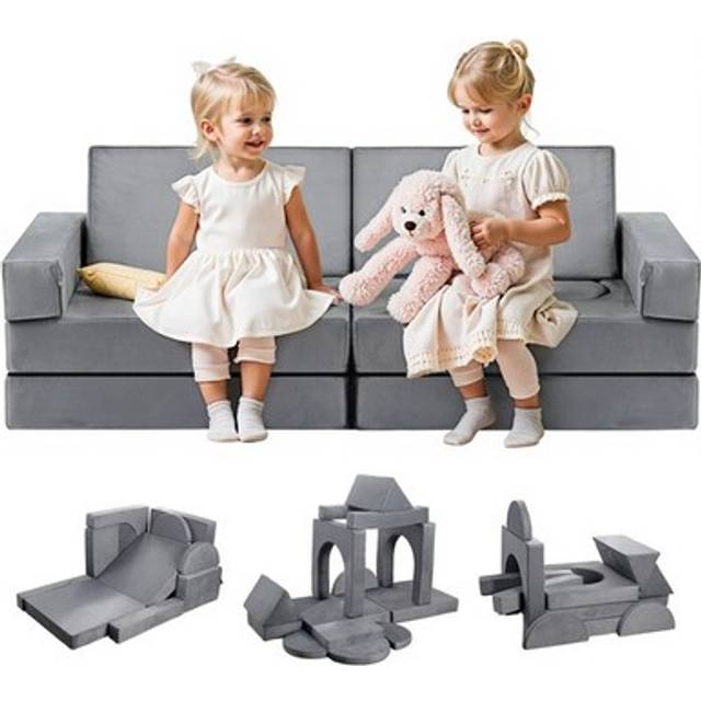VEVOR Modular Kids Play Couch, Sectional Toddler Sofa with Armrests, 28D Sponge & Short Pile, Convertible Kids Modular Couch DIY Creative Combination for Playroom, Bedroom, Living Room, 14 Pcs, Gray