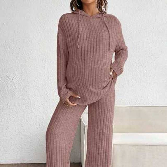SHEIN 2pcs Maternity Solid Color Ribbed Drawstring Hoodie Sweatshirt And Pants Casual Set